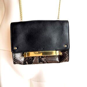 Club Monaco Black Snakeskin Small Envelope Crossbody w Gold chain